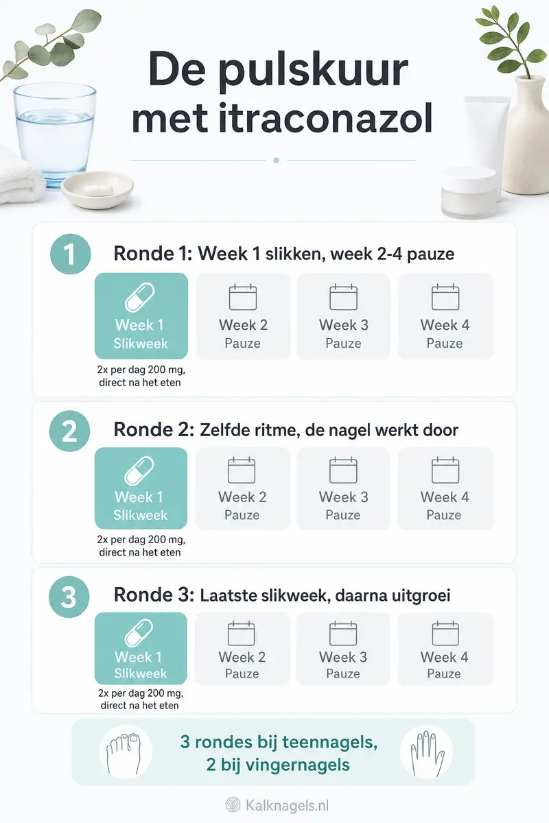 Schema van de pulskuur met itraconazol: drie rondes van een slikweek en drie pauzeweken