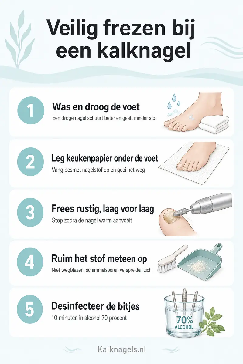 Infographic veilig frezen bij een kalknagel in vijf stappen